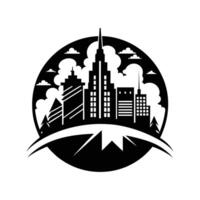 A black and white logo of a city with mountains and clouds vector