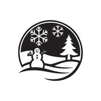 A black and white snowman with a tree in the background vector
