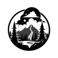 A black and white logo of a mountain and trees vector