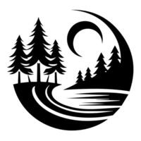 A black and white logo of a forest with trees and a moon vector