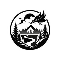 A black and white logo with a river and mountains vector