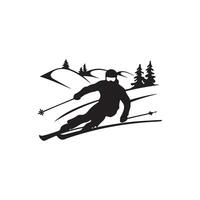 A black and white silhouette of a skier going down a mountain vector