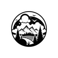 A black and white logo of a mountain and trees vector