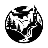 A black and white logo of a mountain with a stream and a tower vector