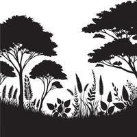 Silhouette of trees and grass in the forest vector