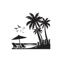 A black and white silhouette of a beach with palm trees and chairs vector
