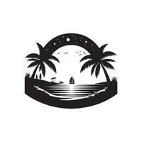 A black and white logo of palm trees and a boat vector
