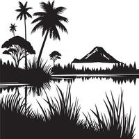 Silhouette of the jungle with palm trees and a mountain vector