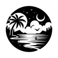 A black and white image of a beach with palm trees and a moon vector