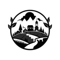 A black and white logo of a village with trees and mountains vector
