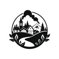 A black and white logo of a mountain village vector