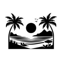 A black and white silhouette of palm trees and a beach vector