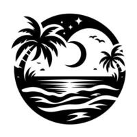 A black and white image of a beach with palm trees and a moon vector