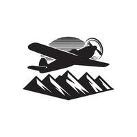 A black and white logo of an airplane flying over mountains vector