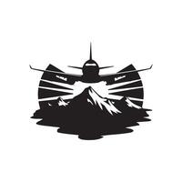 Airplane flying over mountains and mountains logo design vector