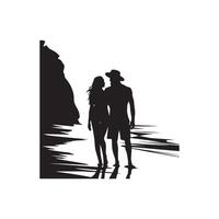 Silhouette of a couple walking on the beach vector
