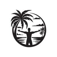 A man standing in front of a palm tree and a beach vector