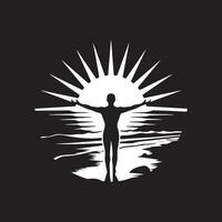 A silhouette of a man standing on the beach with his arms outstretched vector