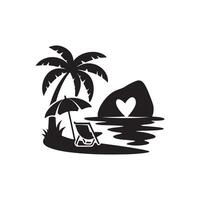 A black and white silhouette of a beach with palm trees and a heart vector