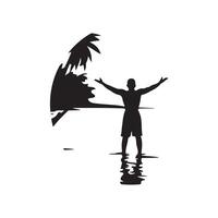 A silhouette of a man standing on the beach with his arms outstretched vector