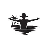 A man in a hat standing in the ocean with palm trees vector
