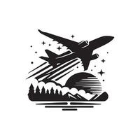 A black and white logo of an airplane flying over a mountain vector
