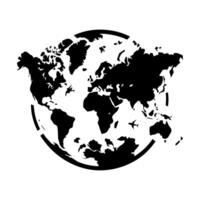 A black and white world map with planes flying around it vector