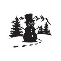 A snowman with footprints in the snow is shown in a black and white design vector