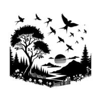 A black and white illustration of a tree and birds vector