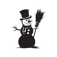 A black and white illustration of a snowman with a broom vector