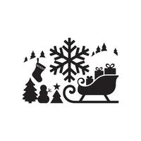 A black and white silhouette of a sleigh, snowman, and tree vector