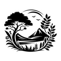 A black and white logo of a tree and mountains vector