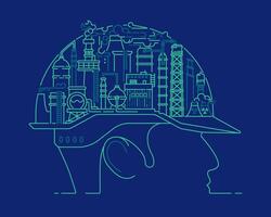 concept of industry 4.0 or industrial technology, graphic of engineer cap combined with factory vector