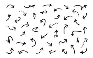 Short thick hand drawn arrows pointing in different directions. Doodle pointers with editable stroke. Black lines are dotted vector