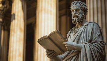A marble statue of the Greek philosopher Socrates, holding an open book and wearing traditional Greek with a beard and two small, curly buns on top of his head, stands outside the entrance photo