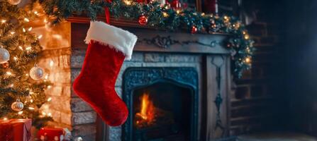 Christmas-red, magical, vintage Christmas holiday concept. Christmas stockings hanging on a fireplace with a blurred Christmas tree and lights in the background. photo