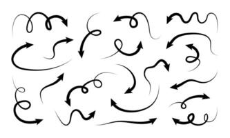 Variety of black arrows and swirls illustrating dynamic movement and direction. Hand drawn set vector