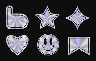 Set of holographic blank stickers. Hologram elements from social networks like, share, save. Different geometric shapes label flag, heart, star, thumb up. Cute smile with rainbow colors vector