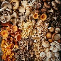 A beautiful photo of an assortment of mushrooms, including shiitake and button mushrooms