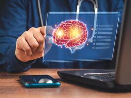 Digital image of the brain on a virtual screen. Deep learning. Machine learning and artificial intelligence photo