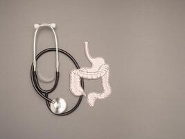 A stethoscope and large intestine shape made from paper over a gray background photo