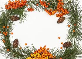 A wreath of pine cones and berries is arranged on a white background photo