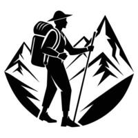 a silhouette of a man with a backpack and a pole vector