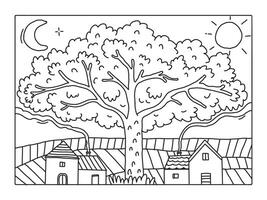 illustration of a peaceful village with a large tree in the middle of the settlement vector