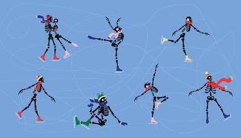 A funny set of cute skeleton characters is skating on ice, their bony figures gliding smoothly as they strike playful poses vector