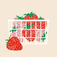 Strawberries in basket colorful wallpaper print background. Fruit illustration isolated on background. Greeting card with strawberry for your design vector