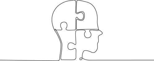 Single one line drawing of human head forming from piece of puzzle.Concept for Creative and Problem Solving vector