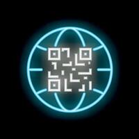 Blue neon qr code inside planet earth icon on black background vector