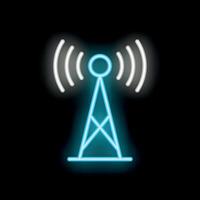 Neon icon of radio tower transmitting signals on black background vector