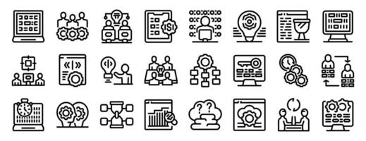 Hackathon icon set. Icons depicting software development lifecycle, teamwork, coding, testing, and project management vector
